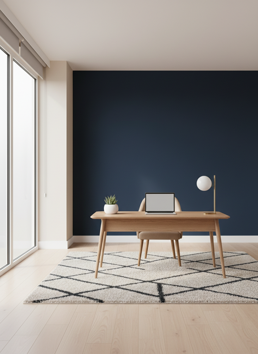 A serene minimal office with soft daylight, a tidy desk with a laptop and a potted plant, in a calm navy and neutral palette.